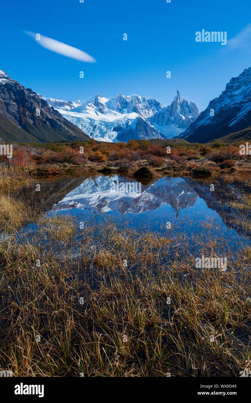 Eine typische herbstliche Patagonischen Landschaft mit Berg Fitz Roy, El Chalten, Nationalpark Los Glaciares, UNESCO-Weltkulturerbe, Patagonien, Argentinien Stockfoto