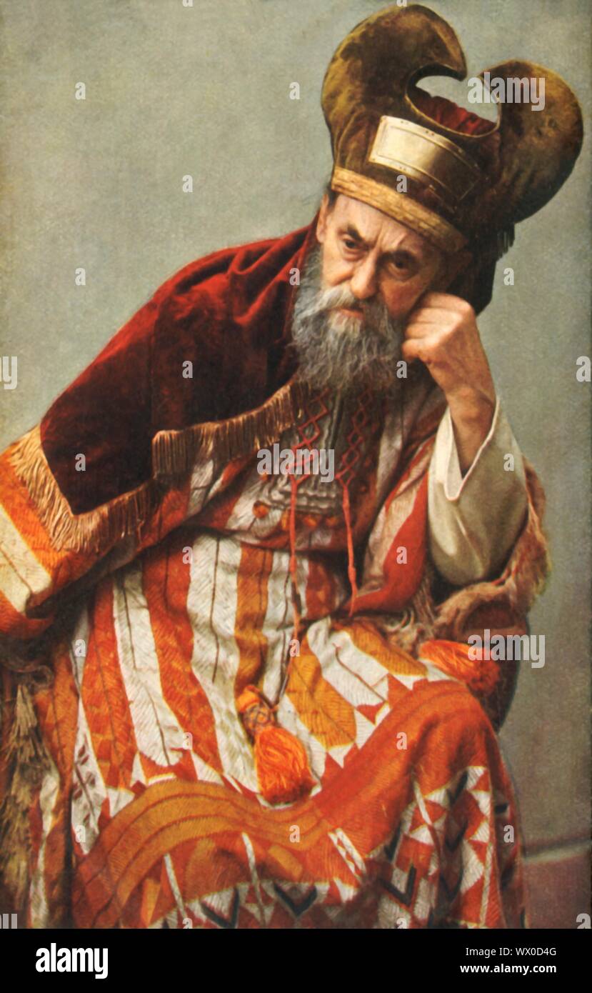 Ananias, 1922. Sebastian Lang wie der Hohepriester Hannas (oder Ananias) in der Oberammergauer Passionsspiele. Das Spiel wird alle 10 Jahre durchgeführt, auf Open-Air-Bühnen, die von den Einwohnern des Dorfes Oberammergau in Bayern, Deutschland. Zuerst im Jahre 1634 inszeniert, das Stück erzählt die Geschichte der Passion Jesu, die ihren Höhepunkt in seiner Kreuzigung. Die Veranstaltung ist eine touristische Attraktion geworden, mit Publikum aus der ganzen Welt. Offizielle Postkarte der 1922 Oberammergauer Passionsspiele. [F. Bruckmann, München, 1922] Stockfoto