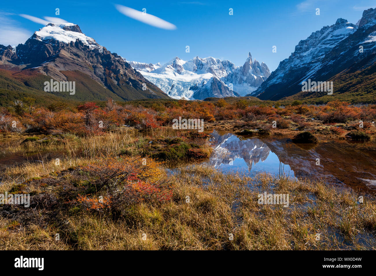 Einer typischen Patagonischen Landschaft mit Berg Fitz Roy, El Chalten, Nationalpark Los Glaciares, UNESCO-Weltkulturerbe, Patagonien, Argentinien Stockfoto