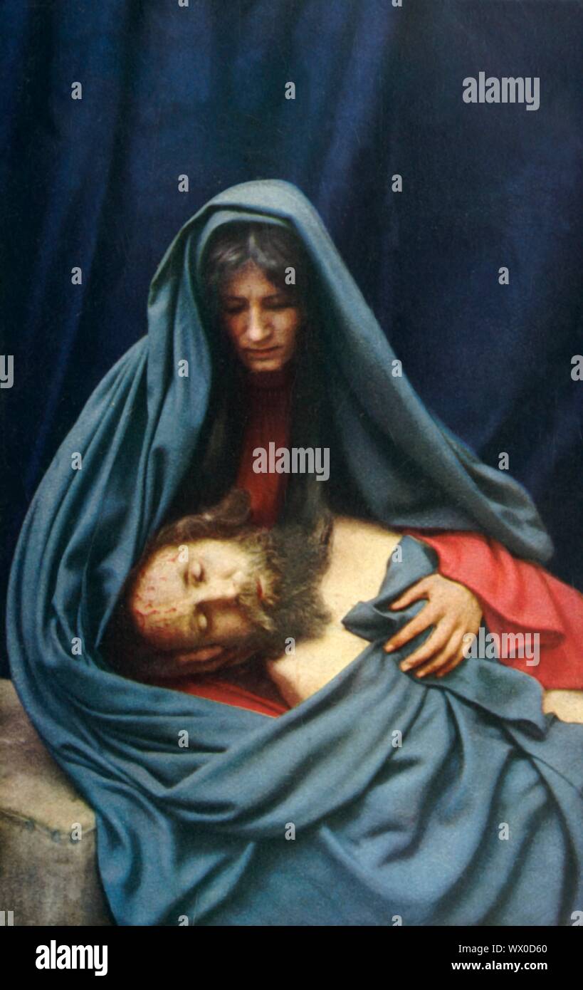 'Piet &#xe0;", 1922. Die Jungfrau Maria (Martha Veit) mit dem toten Christus (Anton Lang): Spieler in der Oberammergauer Passionsspiele. Das Spiel wird alle 10 Jahre durchgeführt, auf Open-Air-Bühnen, die von den Einwohnern des Dorfes Oberammergau in Bayern, Deutschland. Zuerst im Jahre 1634 inszeniert, das Stück erzählt die Geschichte der Passion Jesu, die ihren Höhepunkt in seiner Kreuzigung. Die Veranstaltung ist eine touristische Attraktion geworden, mit Publikum aus der ganzen Welt. Offizielle Postkarte der 1922 Oberammergauer Passionsspiele. [F. Bruckmann, München, 1922] Stockfoto