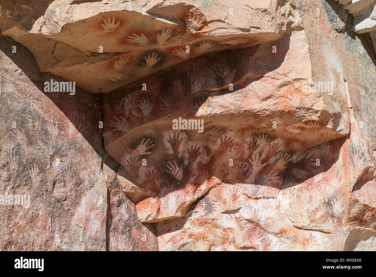 Schablone hand Gemälde, Rio Pinturas Canyon, Höhle der Hände, UNESCO-Weltkulturerbe, Patagonien, Provinz Santa Cruz, Argentinien Stockfoto