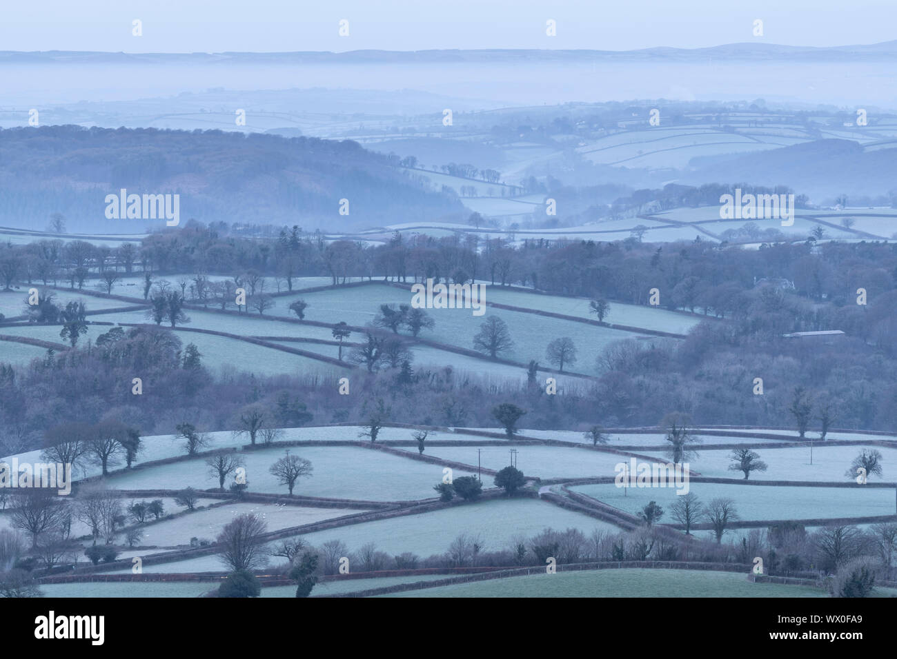 Frosty hügeligen Landschaft in der Nähe von Sourton, Devon, England, Vereinigtes Königreich, Europa Stockfoto
