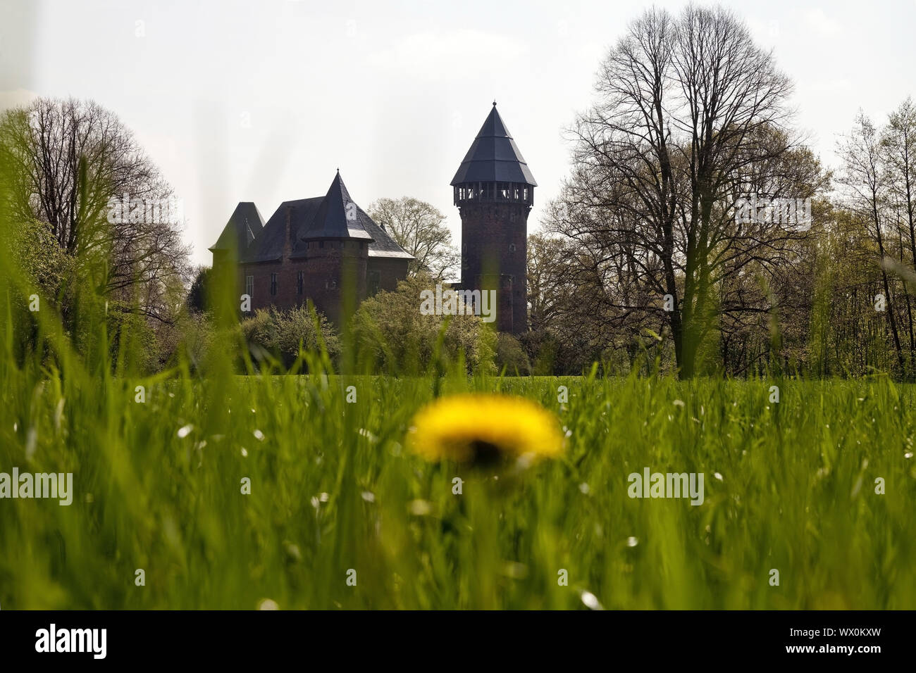 Schloss Burg Linn im Frühjahr, Krefeld, Niederrhein, Nordrhein-Westfalen, Deutschland, Europa Stockfoto