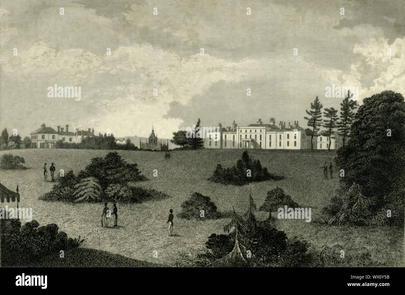 "Highlands", 1835. Hochland private Asyl an, Bahnhofstr. von Samuel Newington, eröffnet im Jahre 1792, später von seinem Sohn Charles Newington, die Veteranen, die Landschaft die Gärten Beschäftigten entwickelt. Antike line Gravur von Henry Alexander Ogg nach Thomas Henwood. Von "der Geschichte, Antiquitäten, und Topographie der Grafschaft Sussex, Volumen der Erste", von Thomas Walker Horsfield, F.S.A. [Baxter, Sussex, Lewes; Herren Nichols und Sohn, London, (1835)] Stockfoto