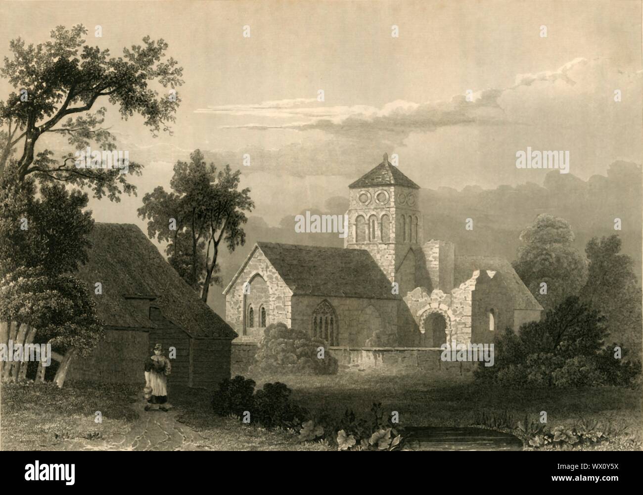 'Alte Shoreham Kirche', 1835. Denkmalgeschützten 10. Jahrhundert St. Nicolas Kirche in Shoreham-by-Sea. Nach einer Zeichnung von Samuel Hieronymous Grimm. Von "der Geschichte, Antiquitäten, und Topographie der Grafschaft Sussex, Band 2", von Thomas Walker Horsfield, F.S.A. [Baxter, Sussex, Lewes; Herren Nichols und Sohn, London, (1835)] Stockfoto