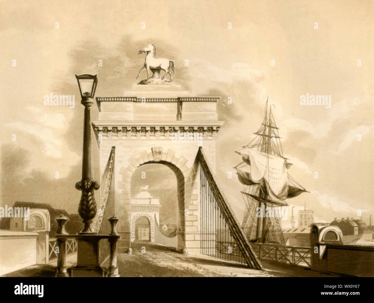 "Norfolk Bridge, New Shoreham', 1835. Hängebrücke über den Fluss Adur in Shoreham-by-Sea, entworfen von William Tierney Clark und im Jahre 1833 eröffnet. Antike aquatinta Gravur von George Baxter nach Thomas Henwood. Von "der Geschichte, Antiquitäten, und Topographie der Grafschaft Sussex, Band 2", von Thomas Walker Horsfield, F.S.A. [Baxter, Sussex, Lewes; Herren Nichols und Sohn, London, (1835)] Stockfoto