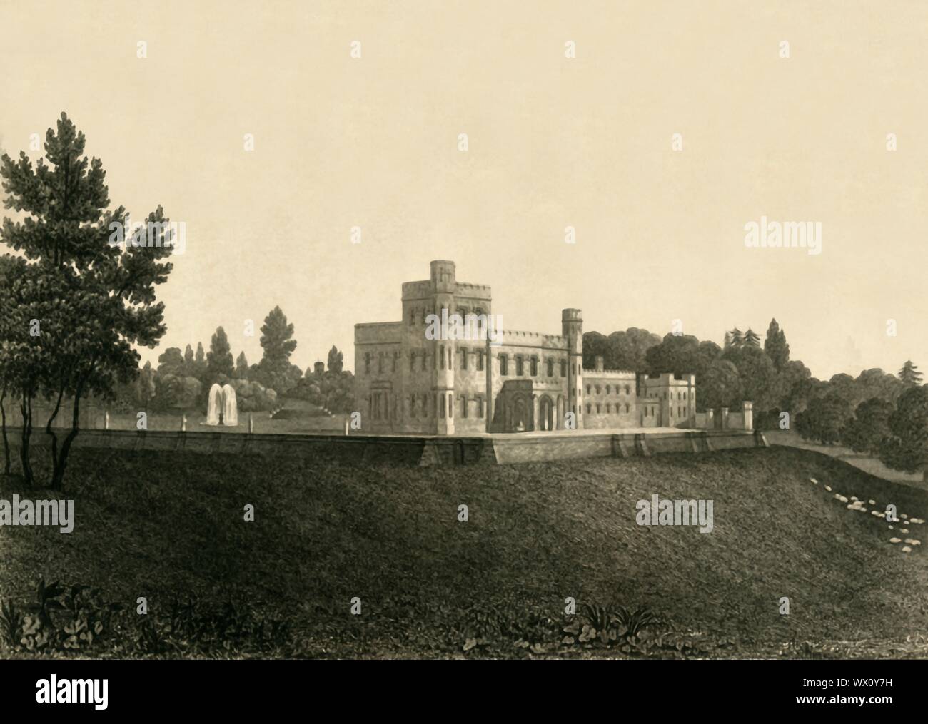 "Holmbush', 1835. Denkmalgeschützte georgianische Landhaus in Hellingly, East Sussex, Heimat von Thomas Broadwood. Von CJ Smith graviert nach einer Zeichnung von George Baxter. Von "der Geschichte, Antiquitäten, und Topographie der Grafschaft Sussex, Band 2", von Thomas Walker Horsfield, F.S.A. [Baxter, Sussex, Lewes; Herren Nichols und Sohn, London, (1835)] Stockfoto