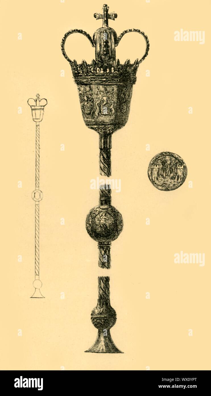 Mace, 1696, (1881). Ätzen von Silber zeremoniellen Streitkolben im späten 17. Jahrhundert von Robert Goble in Cork, Irland. Von "South Kensington Museum", ein Buch der eingelassenen Illustrationen, mit Beschreibungen, der die Kunstwerke in der Sammlung des Victoria &Amp; Albert Museum in London (früher als das South Kensington Museum bekannt). [Sampson Niedrig, Marston, Searle und Rivington, London, 1881] Stockfoto