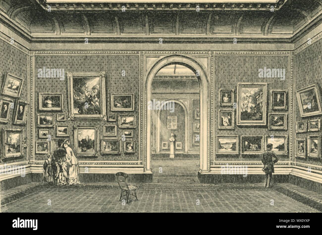 "Die Sheepshanks Galerie', South Kensington Museum, c 1860 s, (1881). Innenansicht, die darstellt, Ausstellungsraum, der von Captain Francis Fowke. Diese Ergänzung der Museumsgebäude wurde erstellt eine Sammlung von Gemälden der Nation von John Sheepshanks, einem wohlhabenden Tuch Hersteller von Leeds zu Haus. Von "South Kensington Museum", ein Buch der eingelassenen Illustrationen, mit Beschreibungen, der die Kunstwerke in der Sammlung des Victoria &Amp; Albert Museum in London (früher als das South Kensington Museum bekannt). [Sampson Niedrig, Marston, Searle und Rivington, London, 1881] Stockfoto