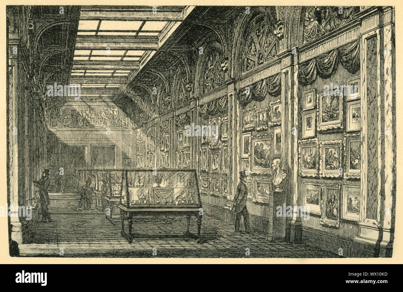 "Water-Color Galerie", 1860, (1881). In einem Raum mit einem Display von Aquarell Zeichnungen im South Kensington Museum in London. Die Konstruktion bestand aus einer Reihe von Buchten, Jede gekrönt von einem LUNETTE (halbrunden Bereich) durch ein Paar von Pilastern, Marmor ähneln, und die Unterstützung einer akanthus - Blatt corbel mit einem Dach der Halterung über lackiert umrahmt. Die Einrichtung wurde von Richard Redgrave, erste Hüter der Gemälde im Museum entwickelt. Von "South Kensington Museum", ein Buch der eingelassenen Illustrationen, mit Beschreibungen, der die Kunstwerke in der Sammlung des Victoria & Stockfoto
