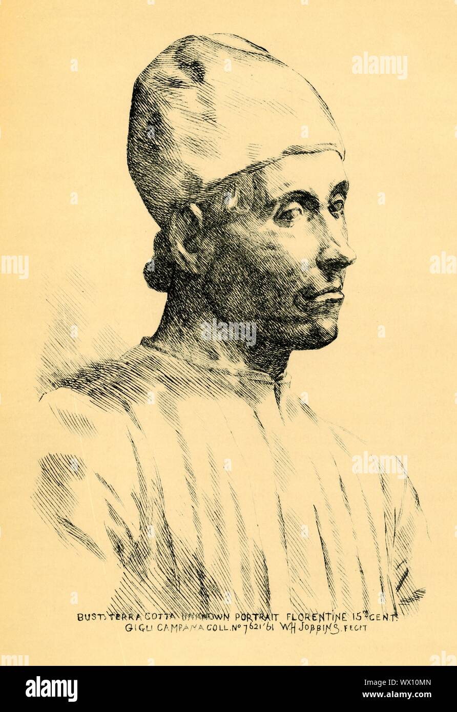 Terrakotta Büste eines jungen Mannes, c 1860 s, (1881). Ätzen einer Portraitbüste c 1850-1868 in Florenz von Giovanni Bastianini. Diese Skulptur, im Stil des 15. Jahrhunderts Büste, wurde von Giovanni Bastianini (1830-1868), italienischer Bildhauer und der erste weit publizierten Kunst Fälscher gemacht. Er begann als Steinmetz in den Steinbrüchen in Fiesole bei Florenz, später mit einem Kunst- und Antiquitätenhändler produziert zahlreiche neo-renaissance Werke, vor allem Büsten und Reliefs im Stil von Donatello, Verrocchio und Mino de Fiesole gearbeitet. Von "South Kensington Museum", ein Buch von Ger Stockfoto