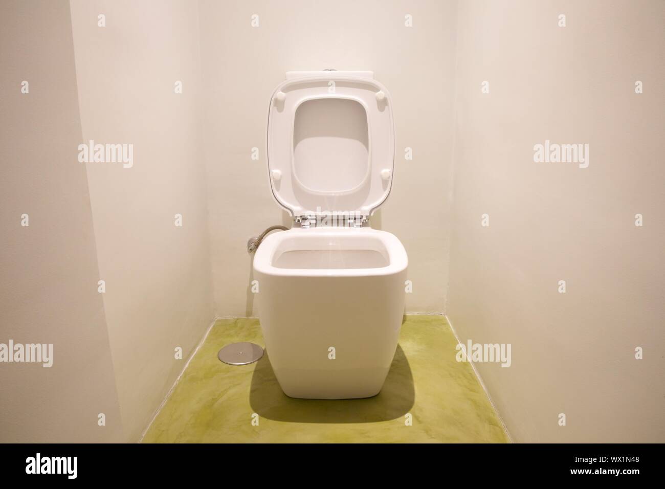 Toilette im weißen Badezimmer mit grünen Boden Stockfoto