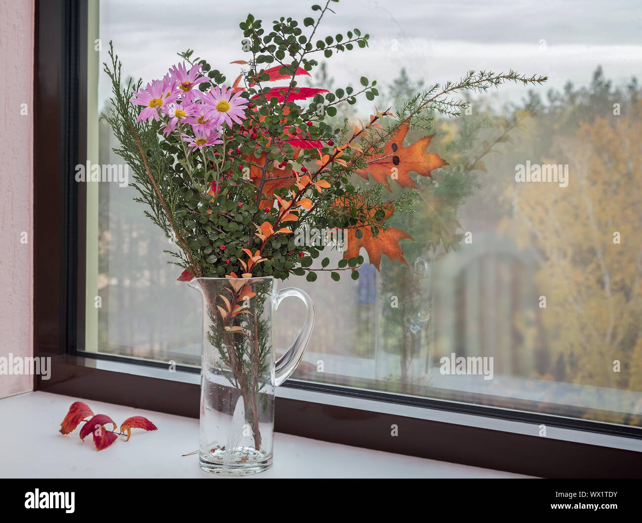 Blumenstrauß aus Herbst Blumen und Blätter auf der Fensterbank. Stockfoto