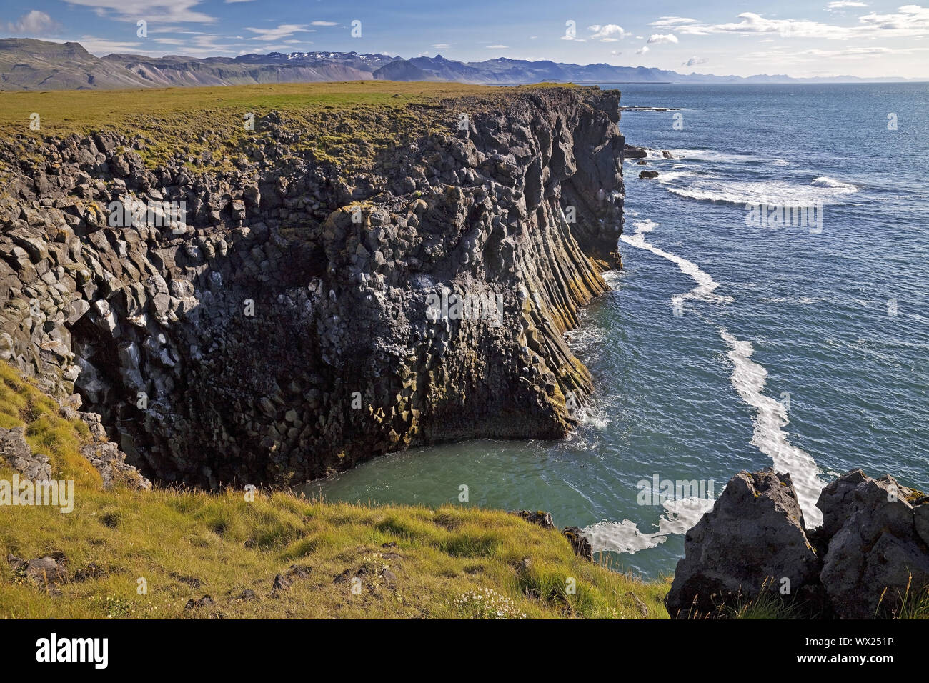 Küstenlandschaft, steilen Küste, in der Nähe von Arnarstapi, Halbinsel Snaefellsnes, Island, Europa Stockfoto