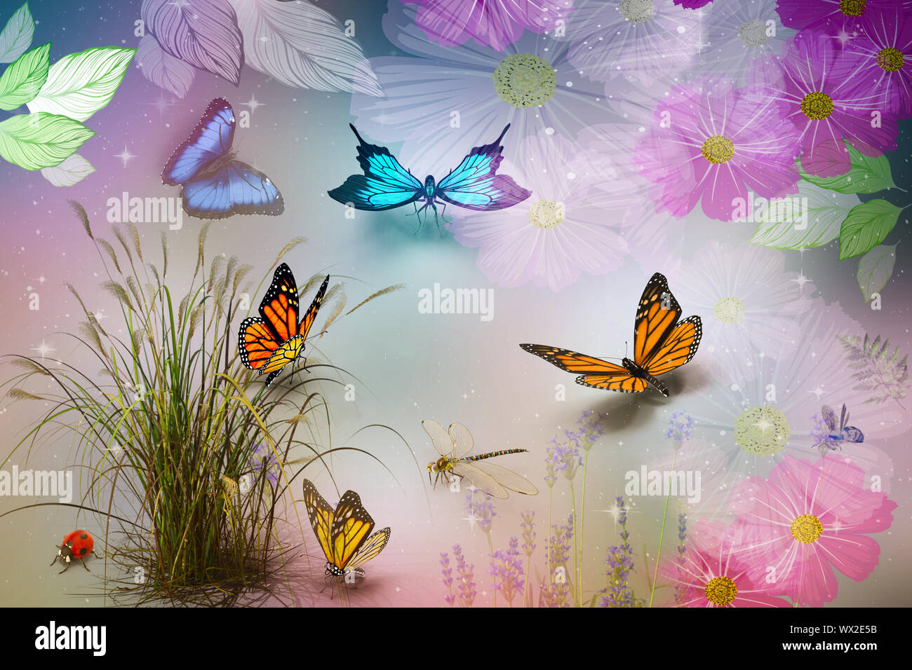 Abstraktes Bild: Schmetterlinge und Blumen. 3D-Rendering. Stockfoto