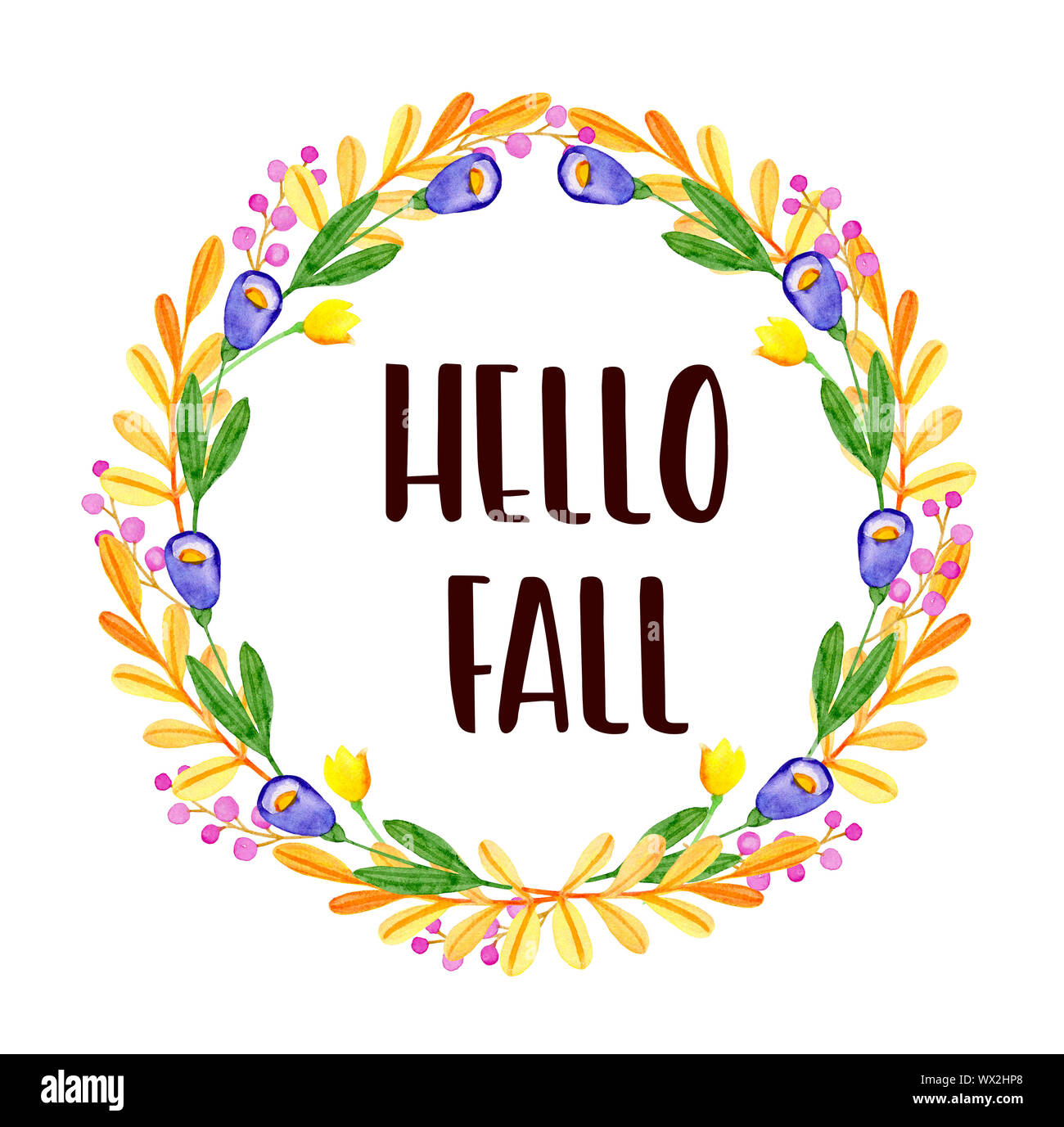 Aquarell Herbst Blumen Rahmen. Orange Violett Blumen und Blätter auf einem weißen Hintergrund. Hand gezeichnet Abbildung. Hallo fallen Schriftzug Stockfoto