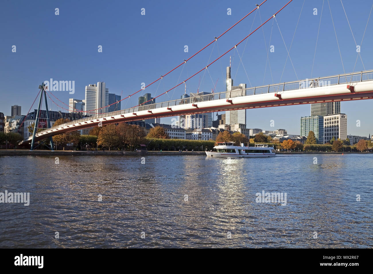 Blick auf die Stadt mit Holbeinsteg und Main, Bankenviertel im Hintergrund, Frankfurt am Main Stockfoto