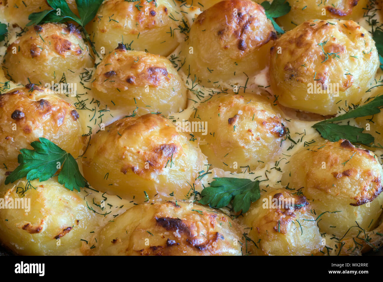 Junge Kartoffeln mit Quark sind im Ofen gebacken. Stockfoto