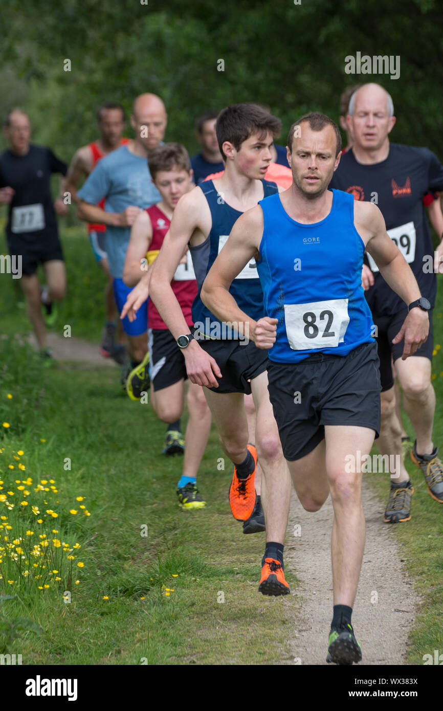 Laienhafte Läufer in einem realen Rennen, das traditionelle 2 Hügel Chagford trail Race Stockfoto