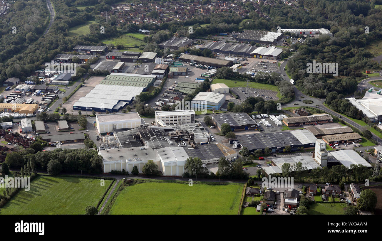 Luftaufnahme von Moss Side Industrial Estate in Leyland, Preston, Lancashire, Großbritannien Stockfoto