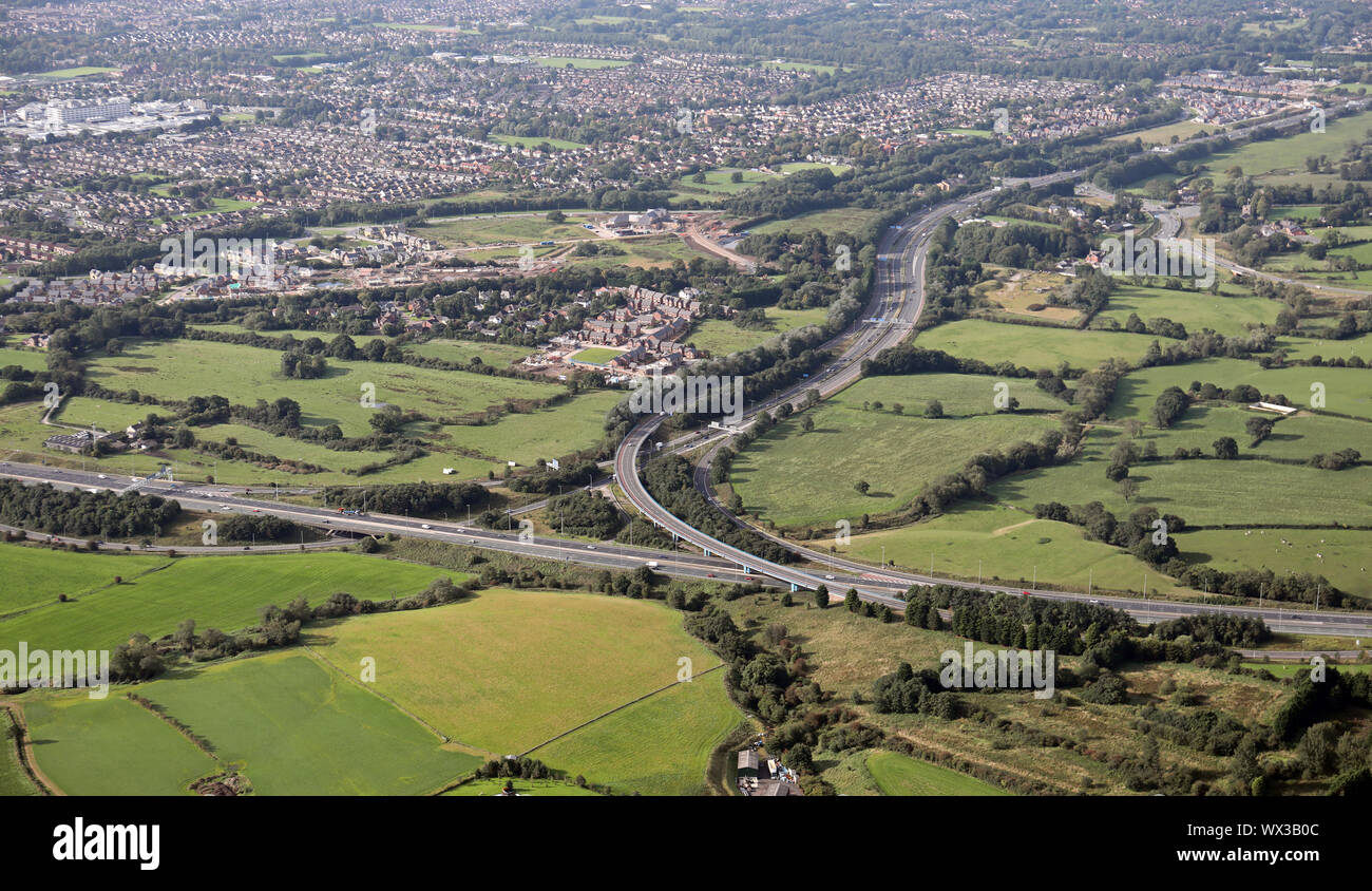 Luftaufnahme des M6-M55 Autobahn Interchange an Fulwood in der Nähe von Preston, Lancashire, Großbritannien Stockfoto