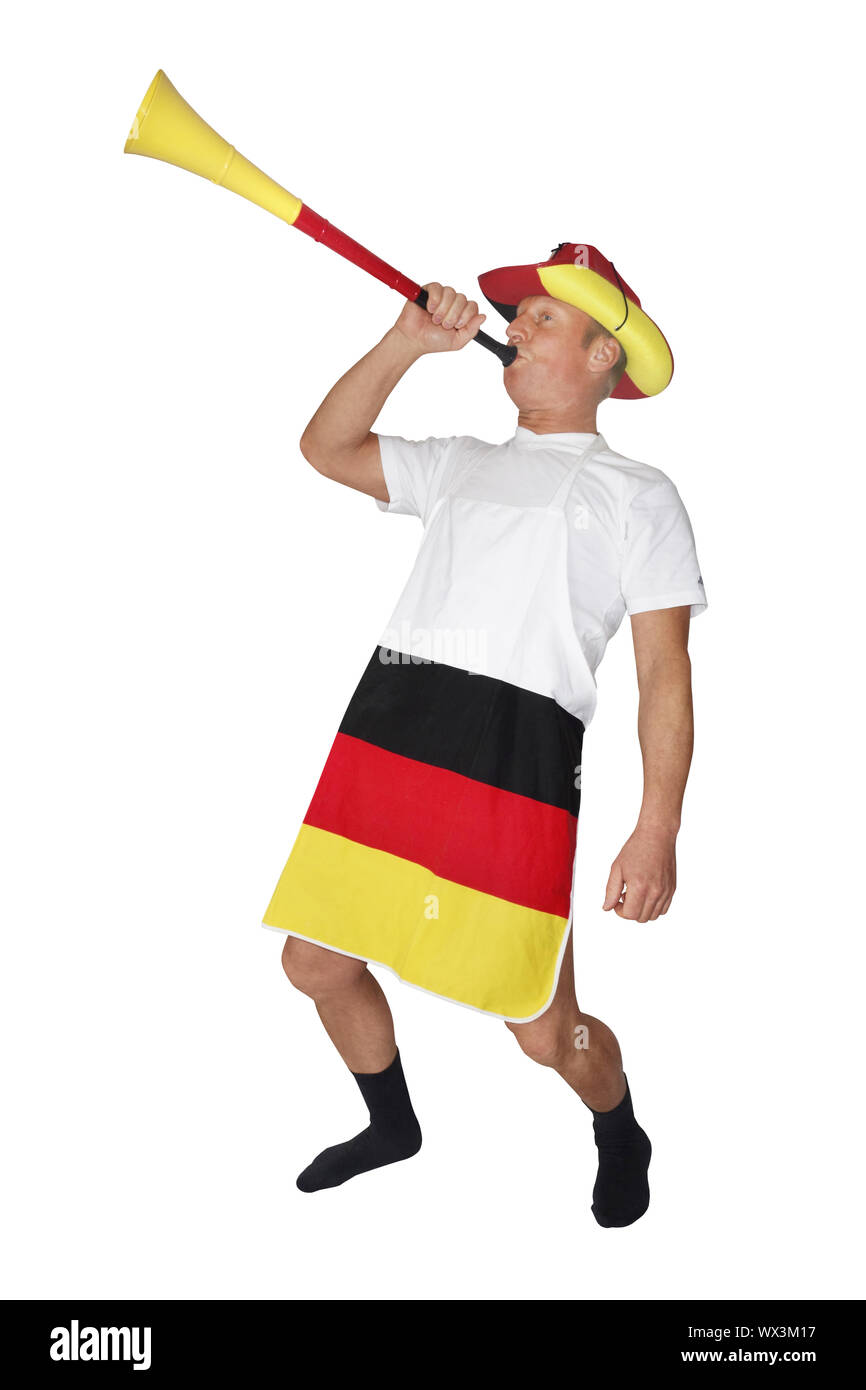 Lustige Fußball-Fan mit Vuvuzela Stockfoto