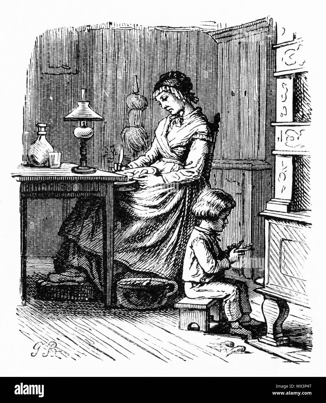Gravur einer meloncholy junge Mutter essen zu Hause mit Ihrem Sohn im Vorschulalter in der viktorianischen Ära Stockfoto