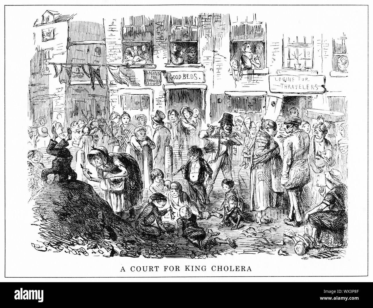 Gravur einer schmutzigen die London Street, wo Cholera die Wasserversorgung infizieren können. Von Punch magazine. Stockfoto