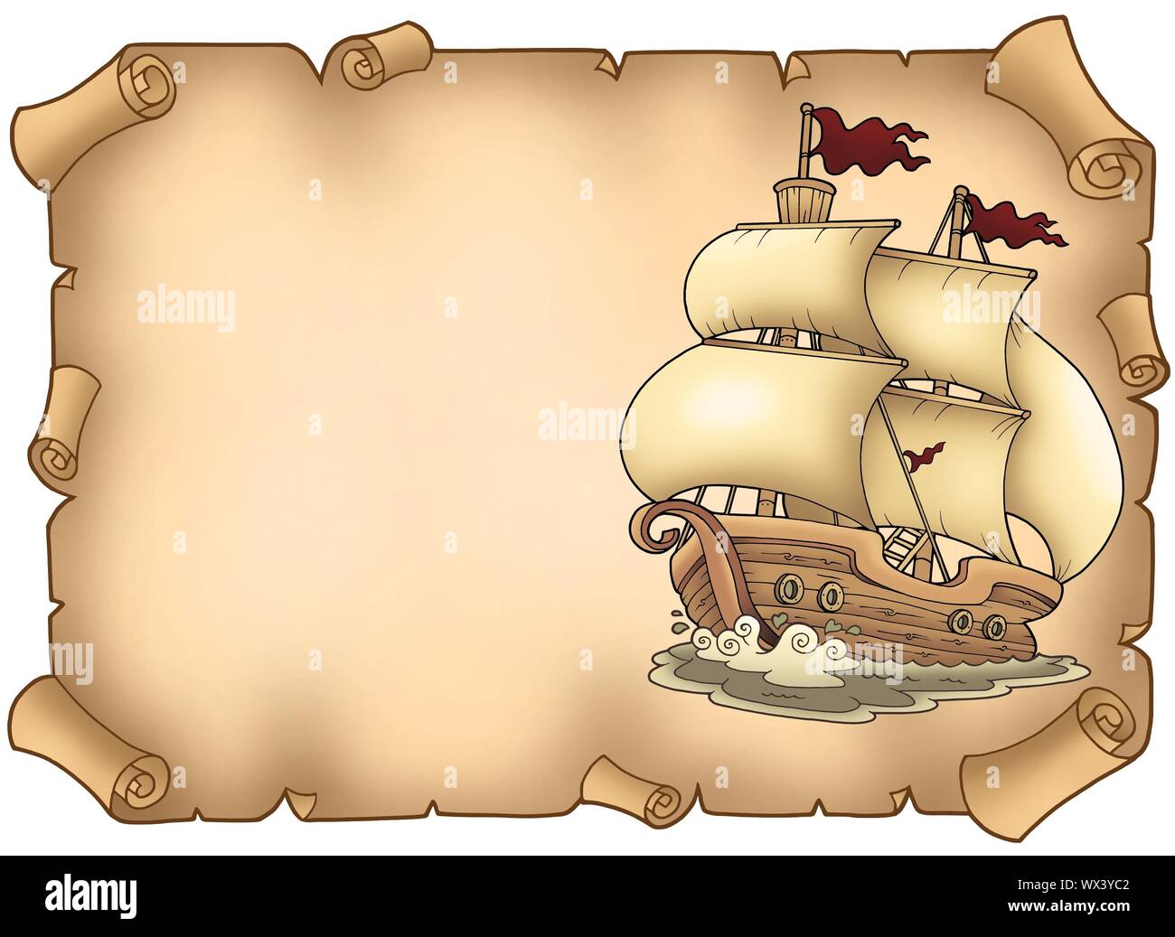 Pergament mit alten Segelboot - farbigen Illustration. Stockfoto