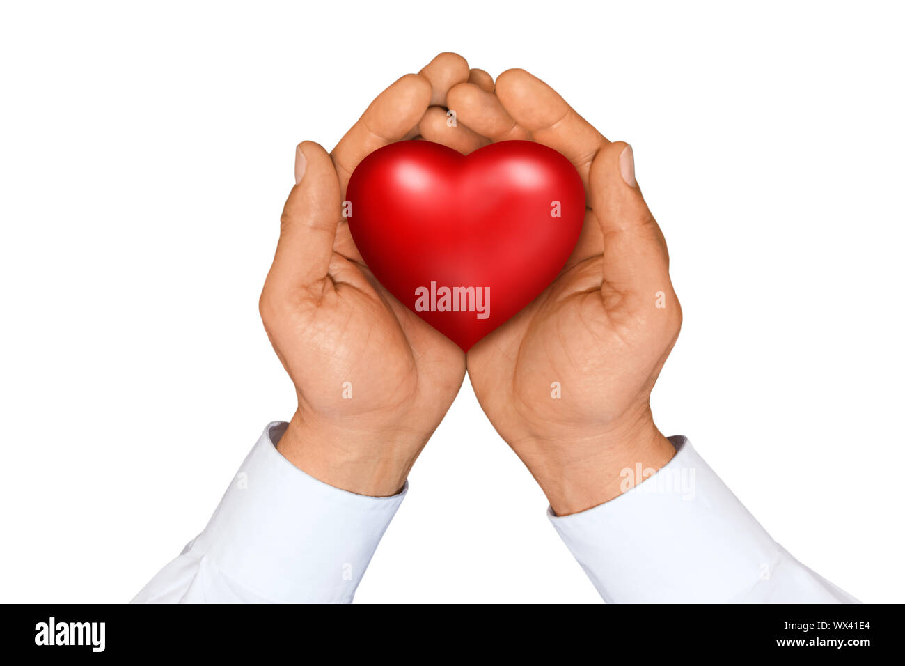 Hände halten rotes Herz Stockfoto