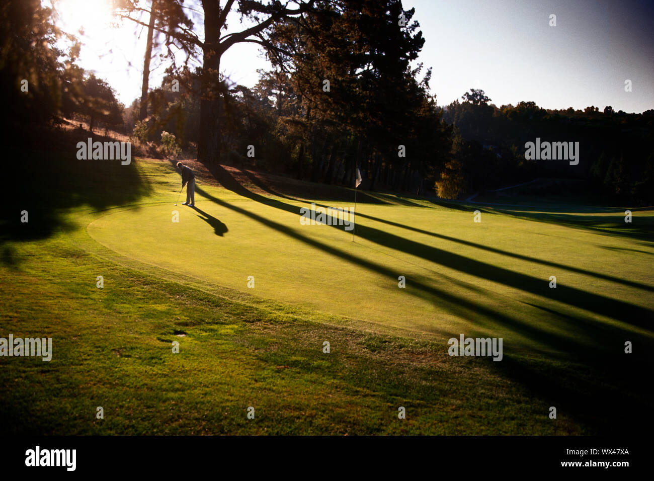 Ein Mann in Aktion an einem Golfkurs. Stockfoto