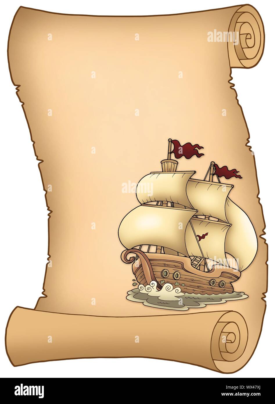 Blättern Sie mit alten Segelboot - farbigen Illustration. Stockfoto