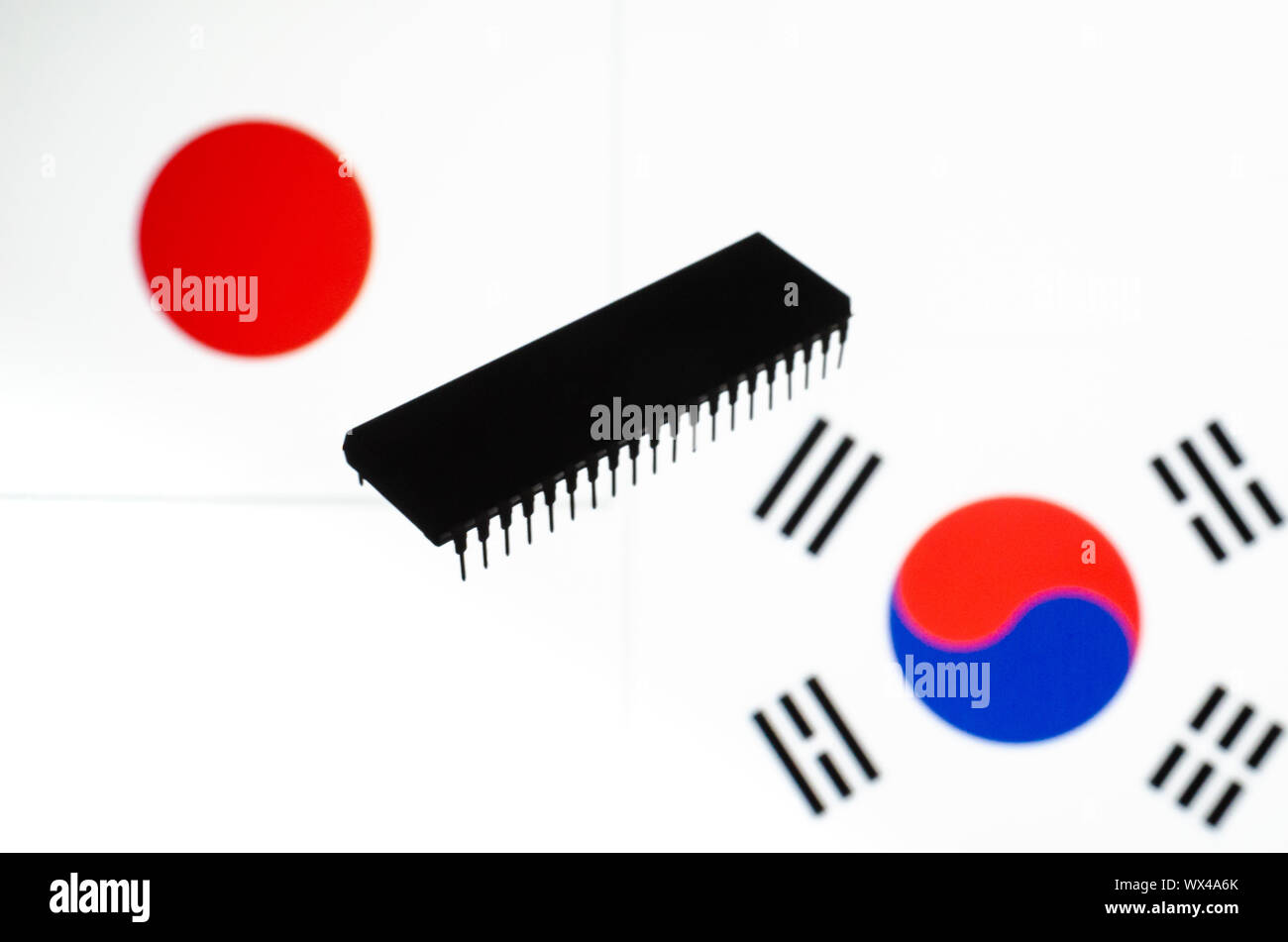 Silhouette eines Halbleiterchips und Fahnen von Japan und Südkorea auf ein verschwommenes Bild. Konzeptionelle Foto zeigt einen Handelskrieg in Halbleitern Stockfoto