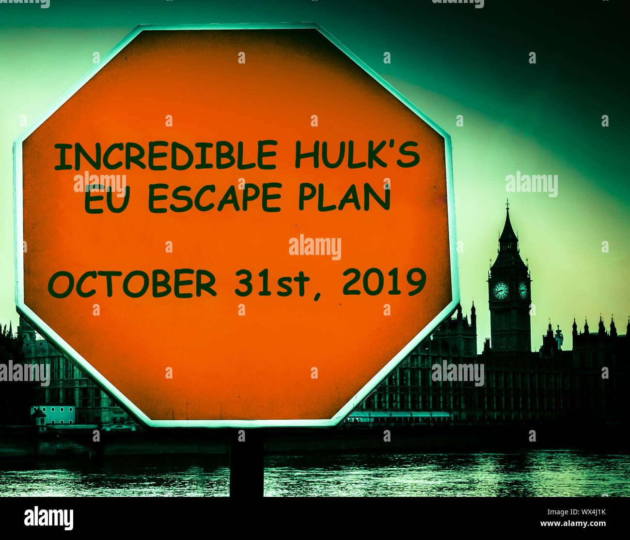 Unglaubliche Hulk der EU Escape Plan für Octobet 31 st, 2019 Nach Boris Johnson mit Häusern des Parlaments, London im Hintergrund - brexit Stockfoto