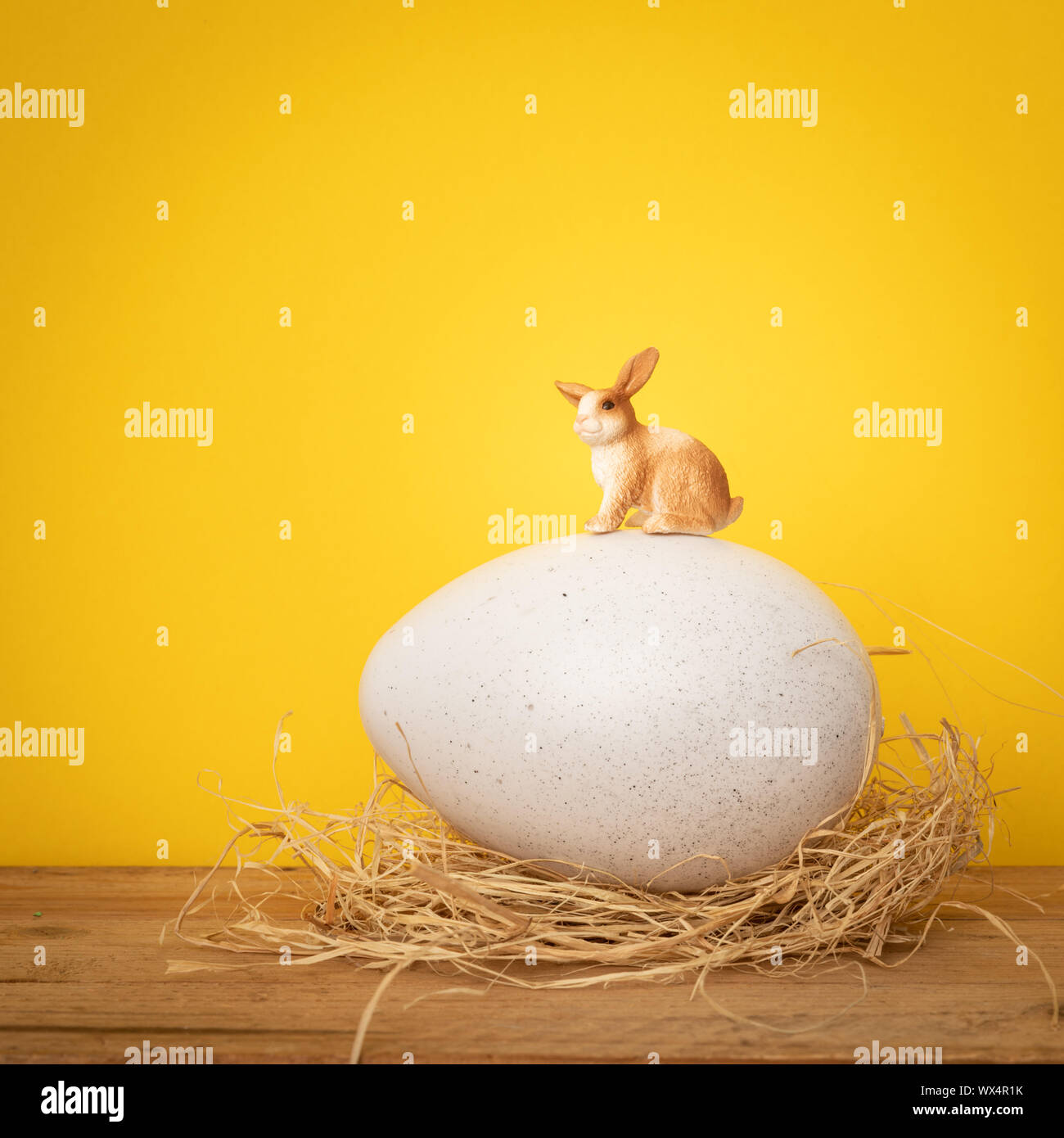 Süße Osterhase sitzt auf einem großen Ei gelb hinterlegt Stockfoto