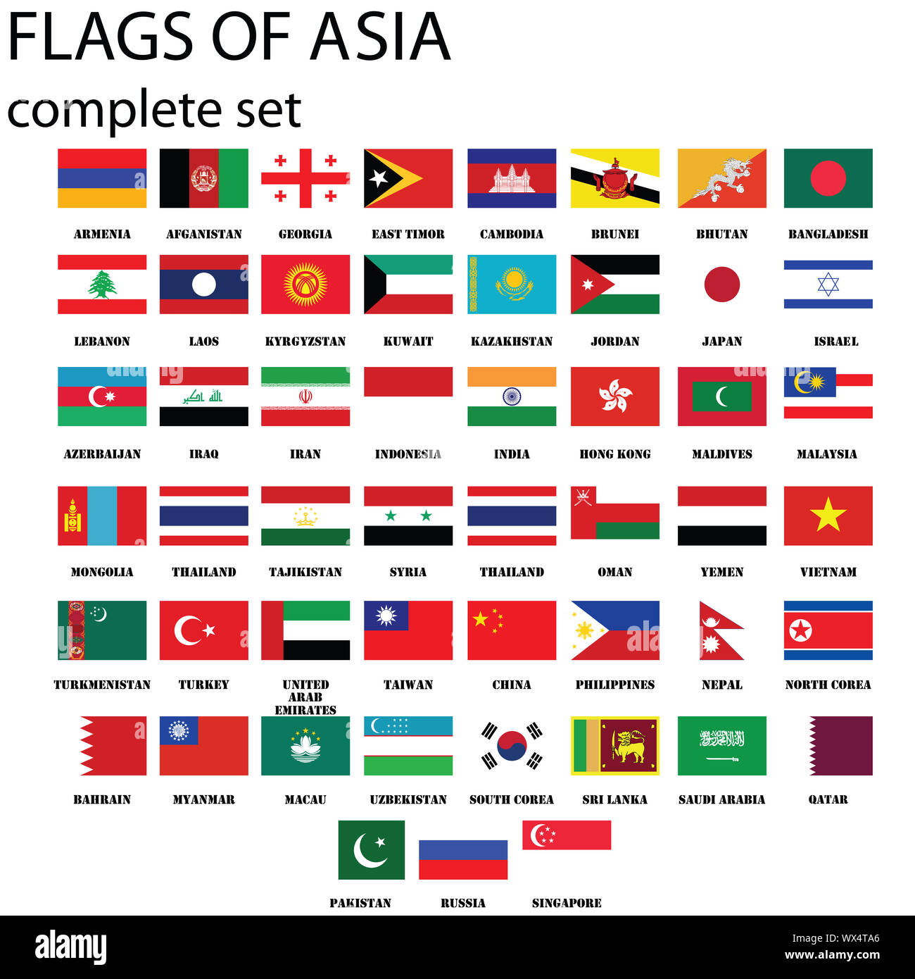Asiatische Kontinent Fahnen, abgeschlossen in ursprünglichen Farben eingestellt Stockfoto