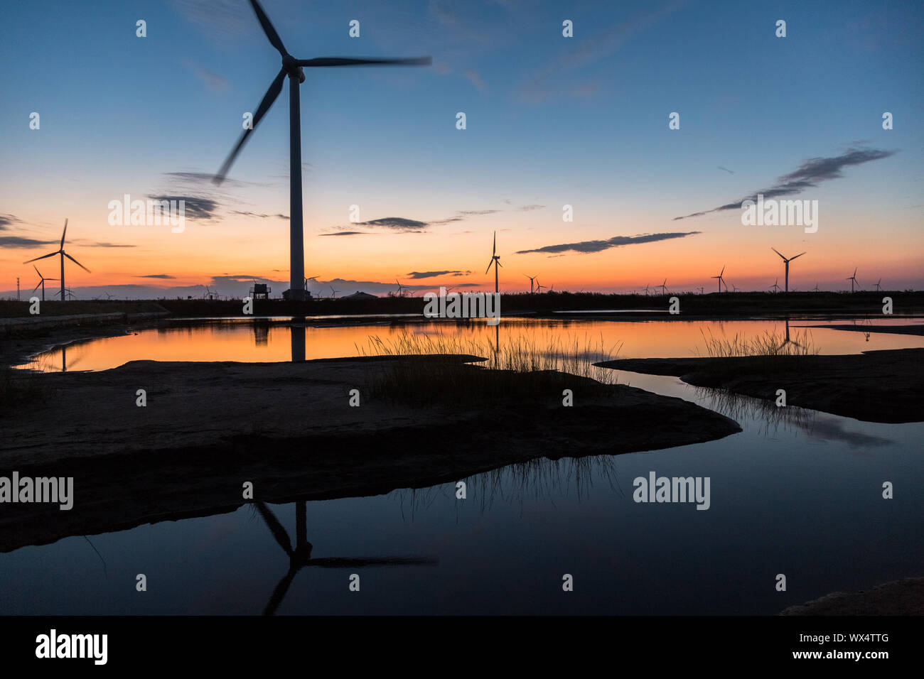 Windräder im Sonnenuntergang. Stockfoto