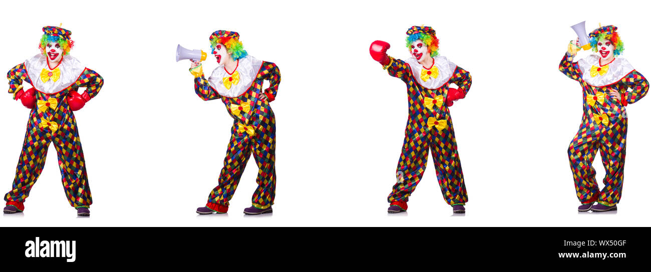 Lustig männlich Clown mit Boxhandschuhen und Lautsprecher Stockfoto