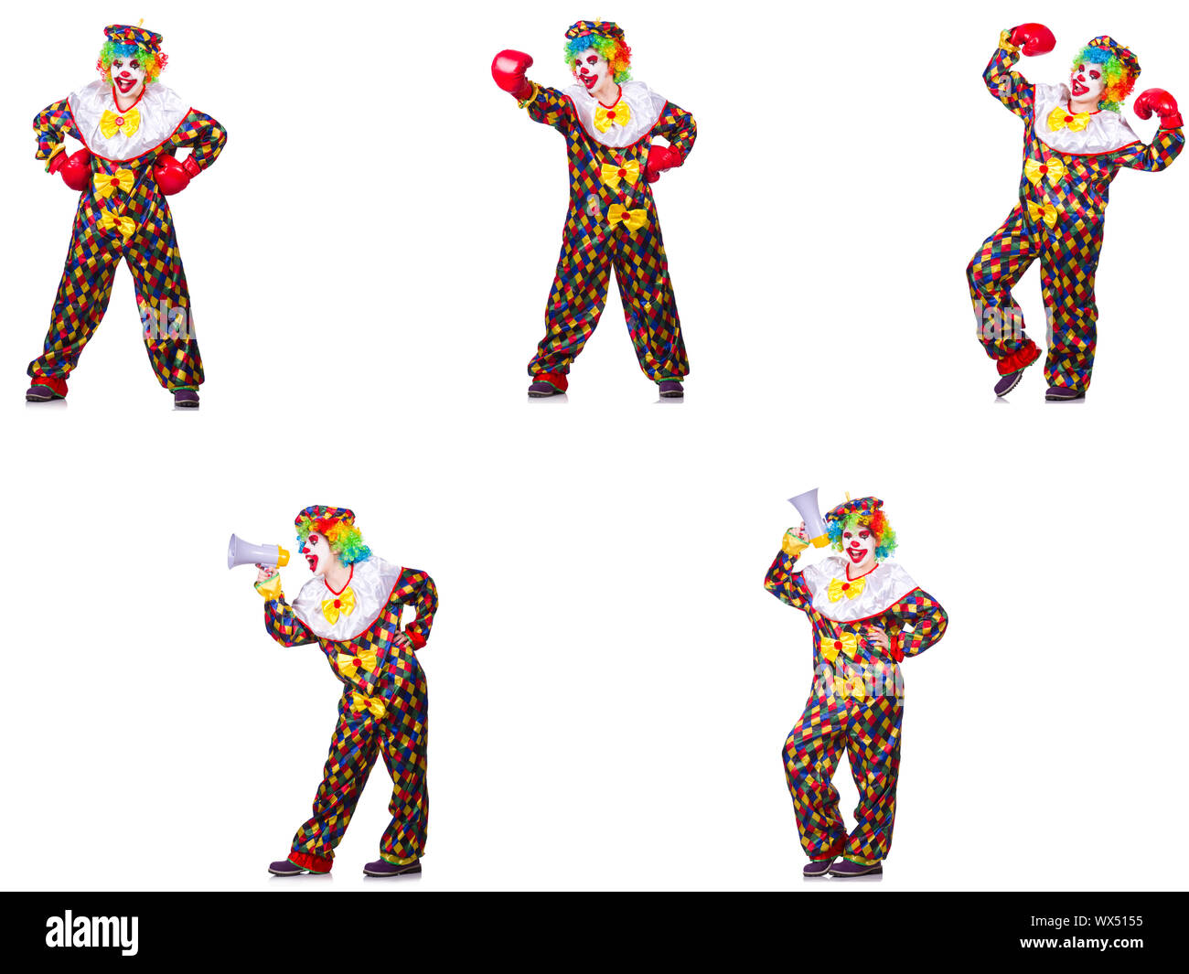 Lustig männlich Clown mit Boxhandschuhen und Lautsprecher Stockfoto