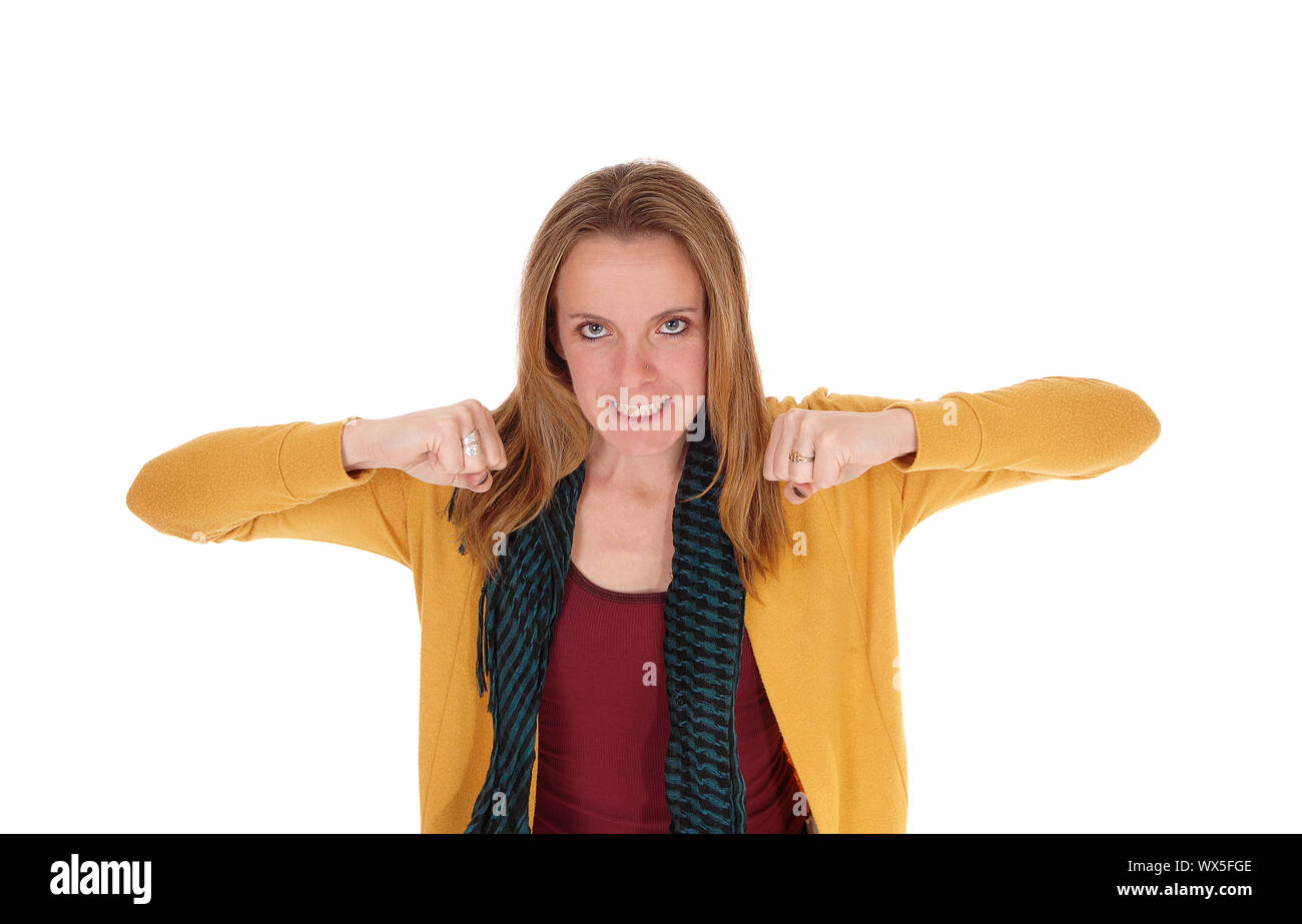 Wütende Frau ihre Fäuste bilden, schauen, frustriert Stockfoto