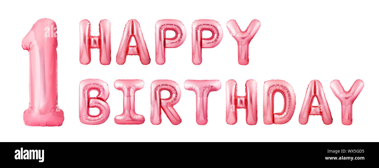 Worte alles gute zum Geburtstag aus Roségold aufblasbare Ballons auf weißem Hintergrund isoliert. Pinke Heliumballons mit der Nummer 5. Fünf Jahre Geburtstagsfeier Stockfoto