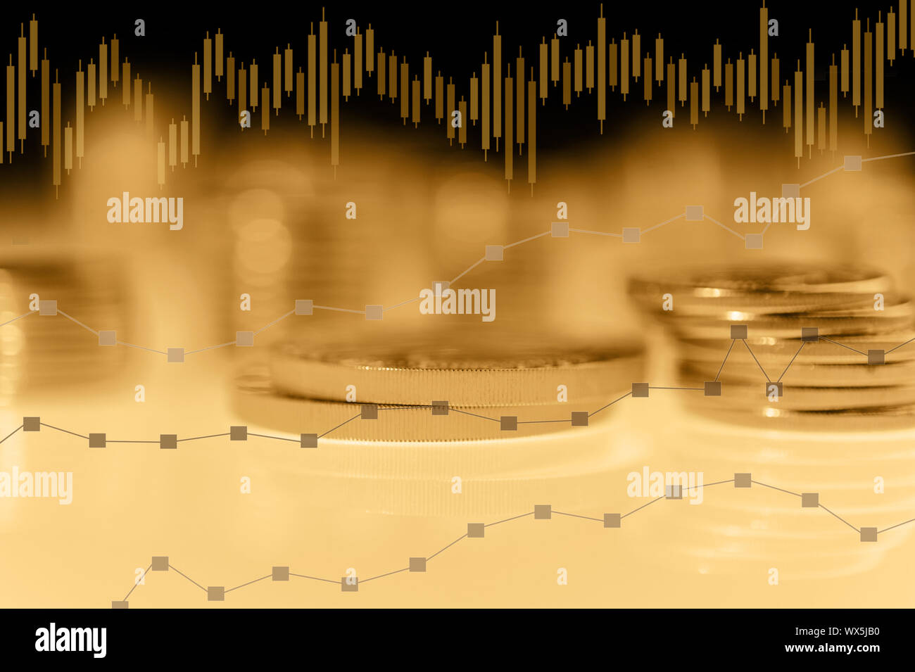 Grafik und Zeilen von Goldmünzen für Finanzen und Business Konzept. Handel mit Edelmetallen. Stockfoto