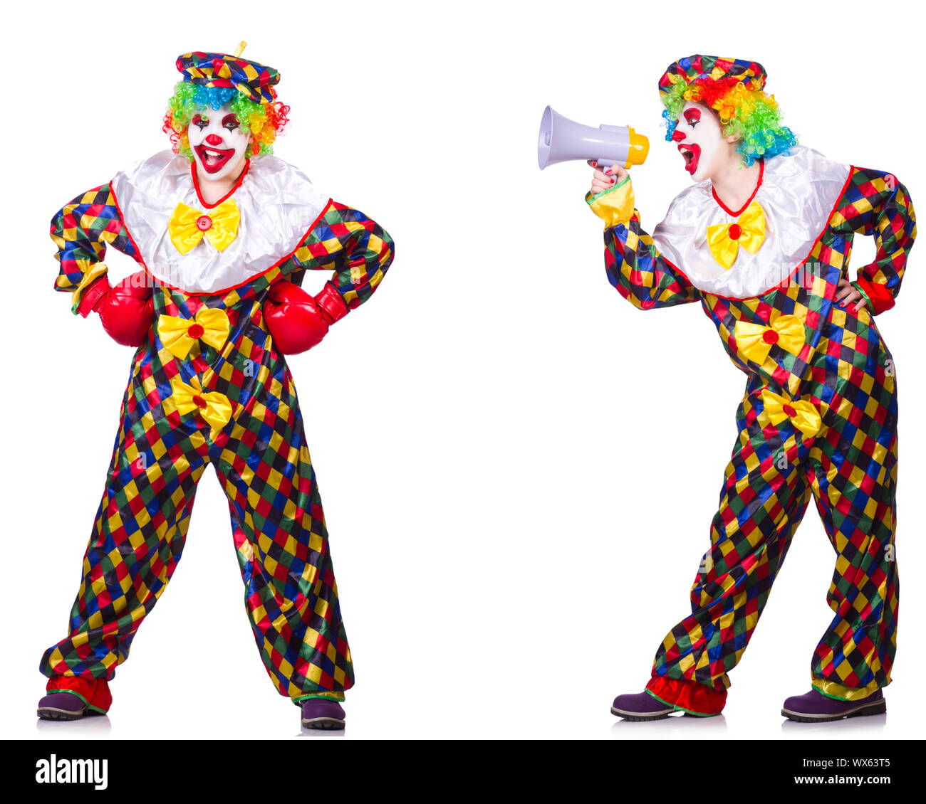 Lustig männlich Clown mit Boxhandschuhen und Lautsprecher Stockfoto