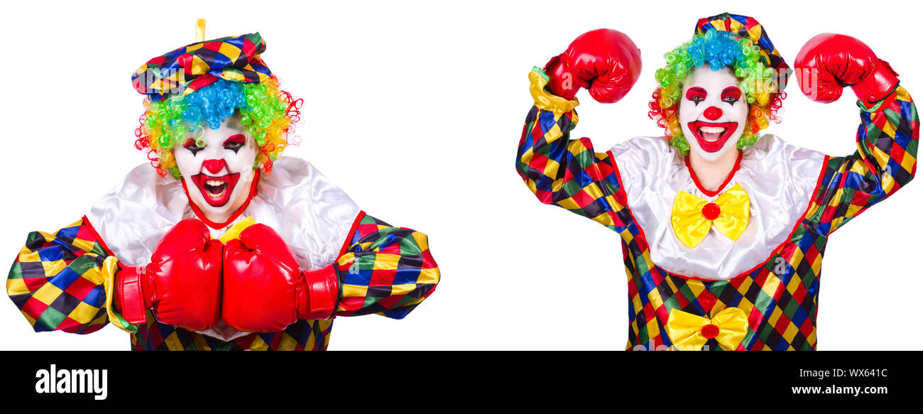 Lustig männlich Clown mit Boxhandschuhen Stockfoto