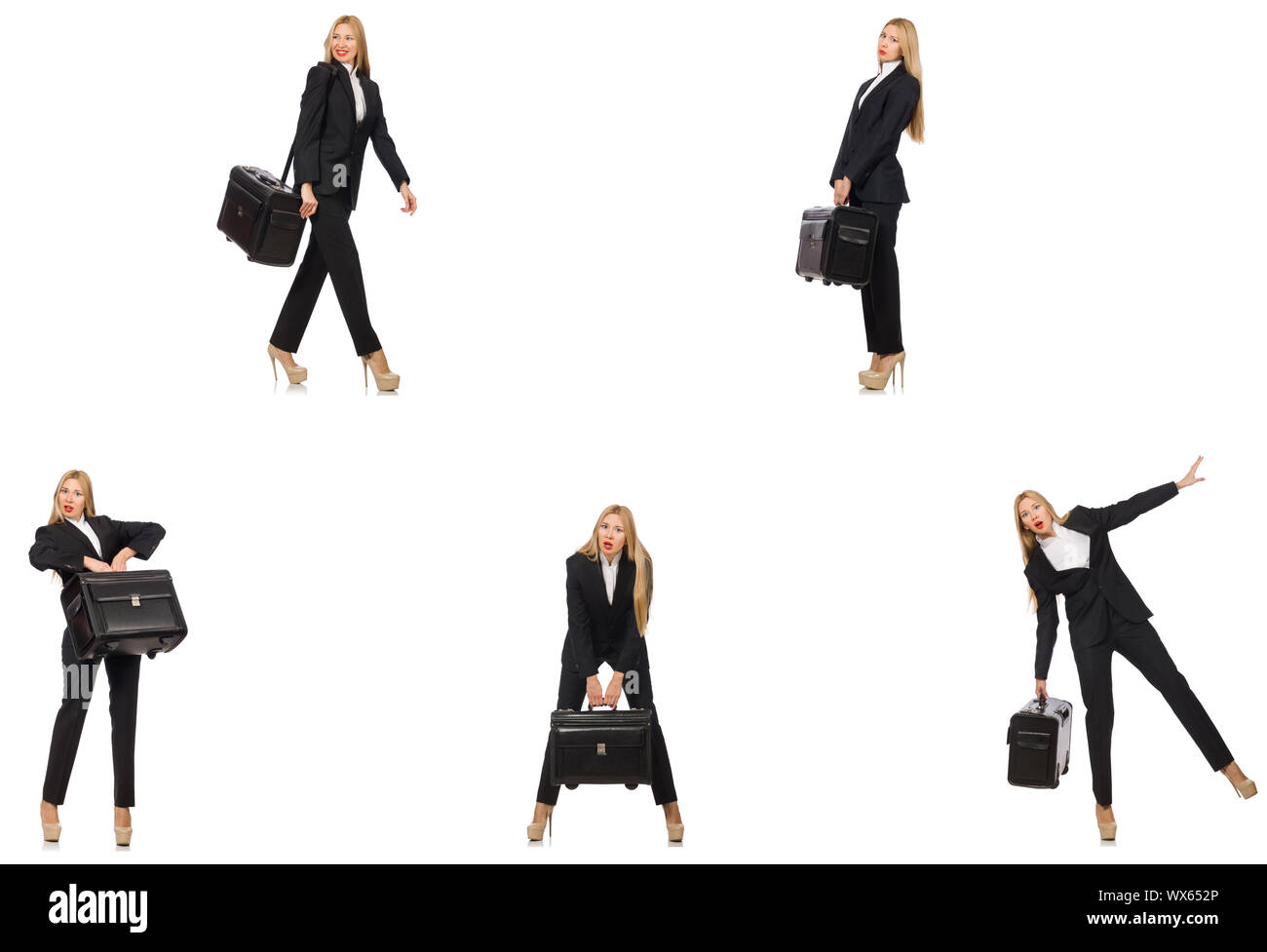 Geschäftsfrau mit Koffer isoliert auf weißem Stockfoto