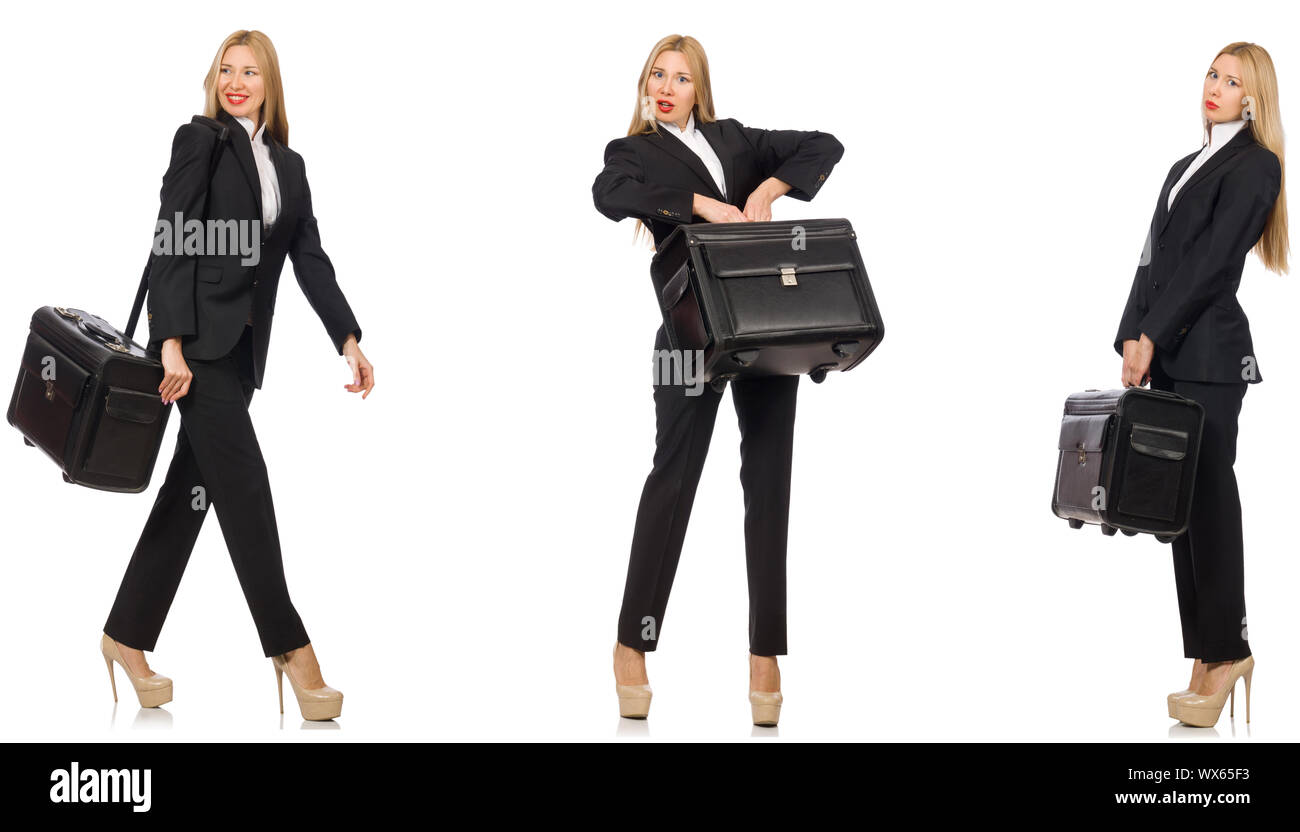 Geschäftsfrau mit Koffer isoliert auf weißem Stockfoto