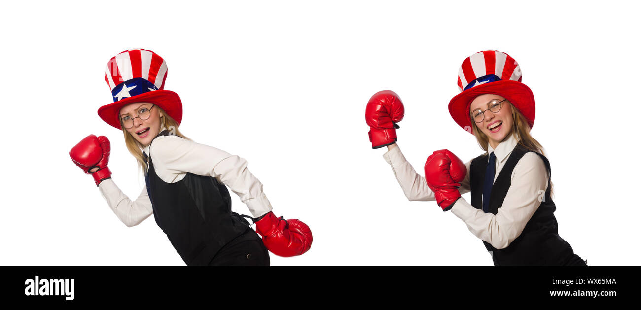 Frau mit Boxhandschuhen isoliert auf weiss Stockfoto