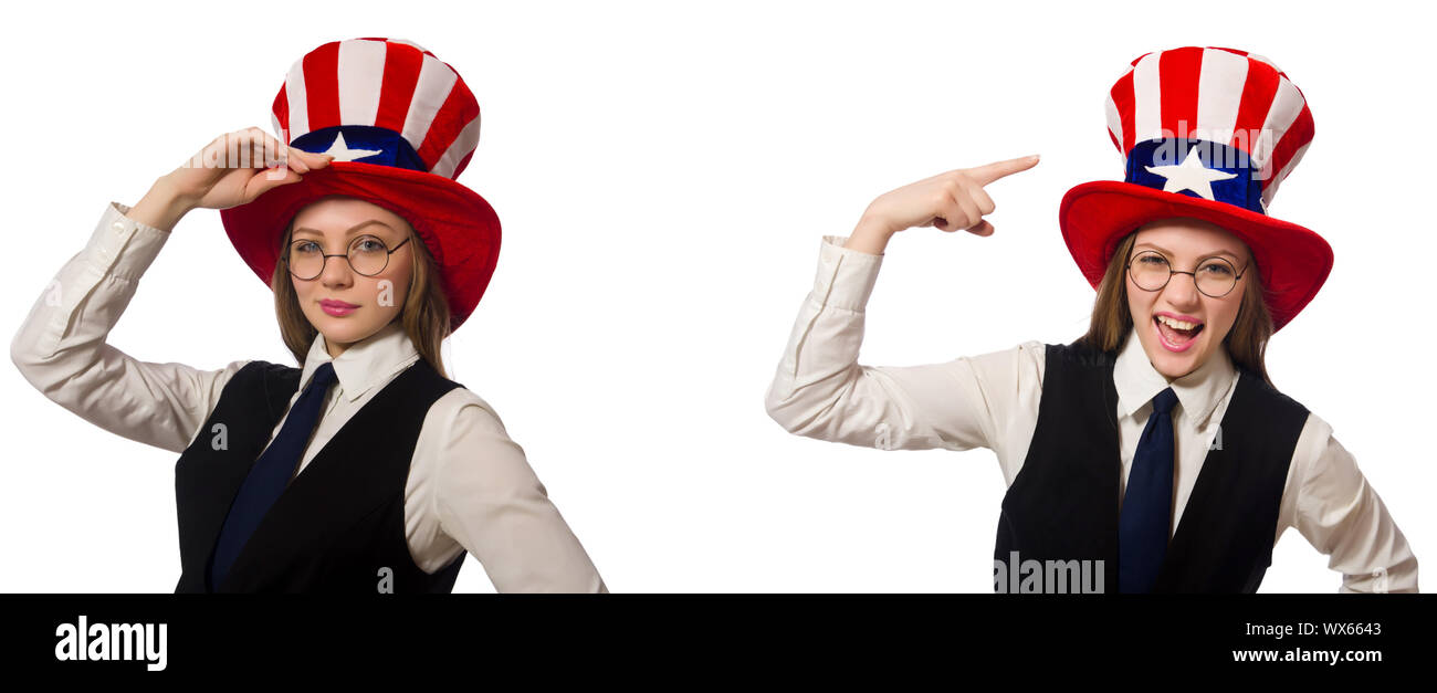 Frau mit Hut mit amerikanischen Symbole Stockfoto