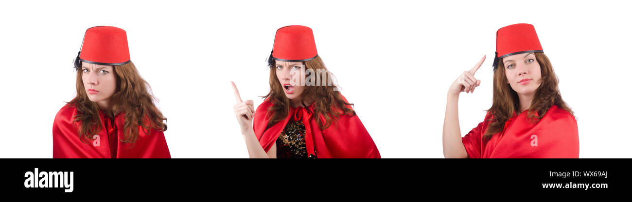 Frau trägt Fez Hut isoliert auf weiss Stockfoto