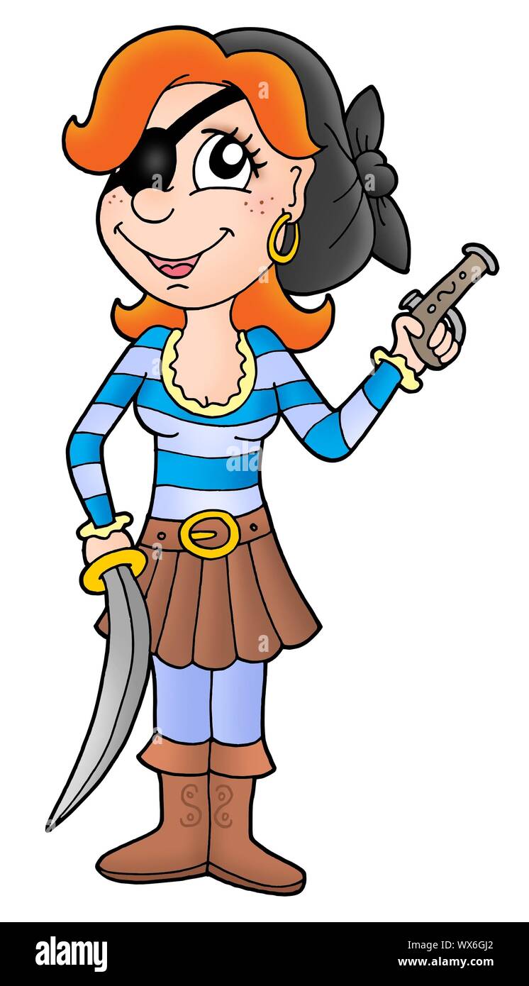 Pirate Frau mit Säbel und Pistole - Farbe Abbildung. Stockfoto